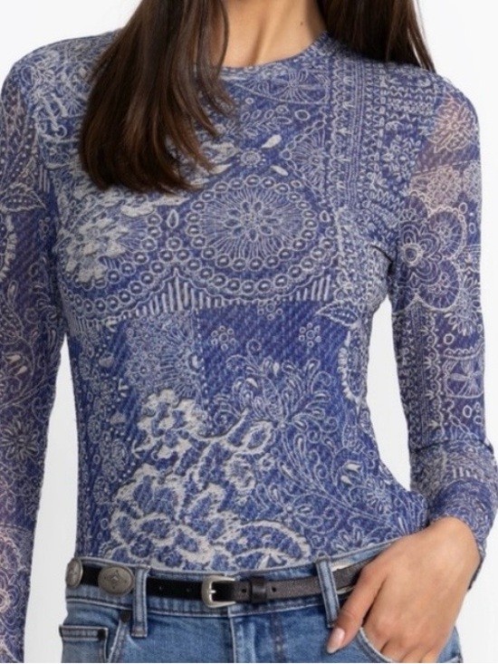 Johnny Was Tops - Johnny Was Blue Paisley Lace-Inspired Sheer Long Sleeve Top